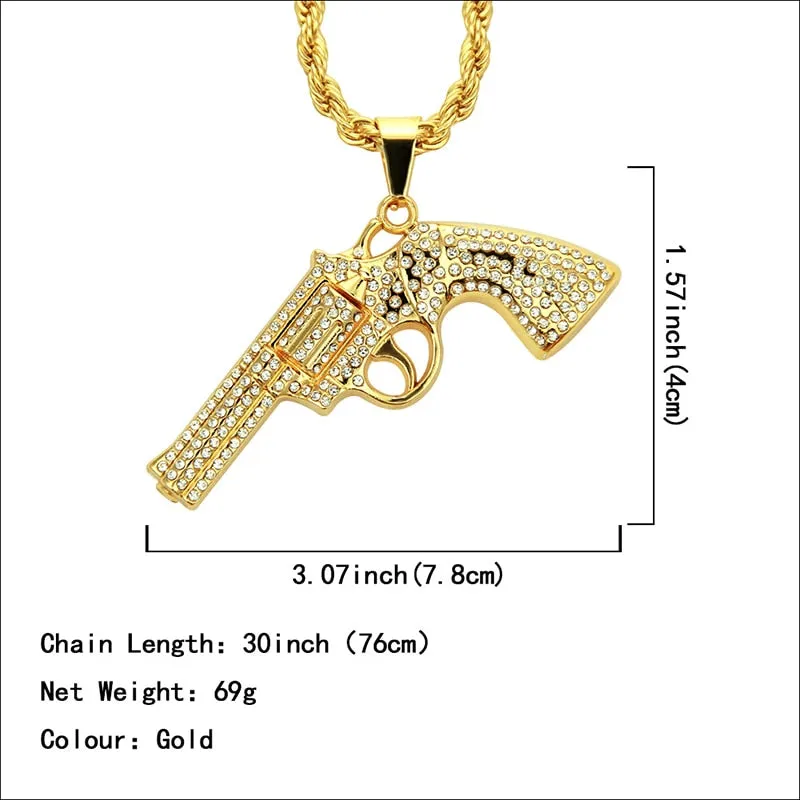 Hip Hop Jewelry Revolver Gun Pendant Necklaces for Men in Gold Color