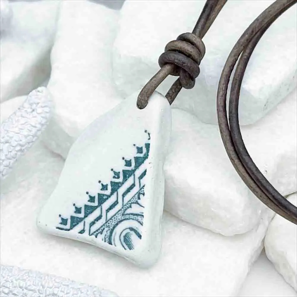 Lively Teal Geometric Sea Shard Pottery Leather Necklace | #5092