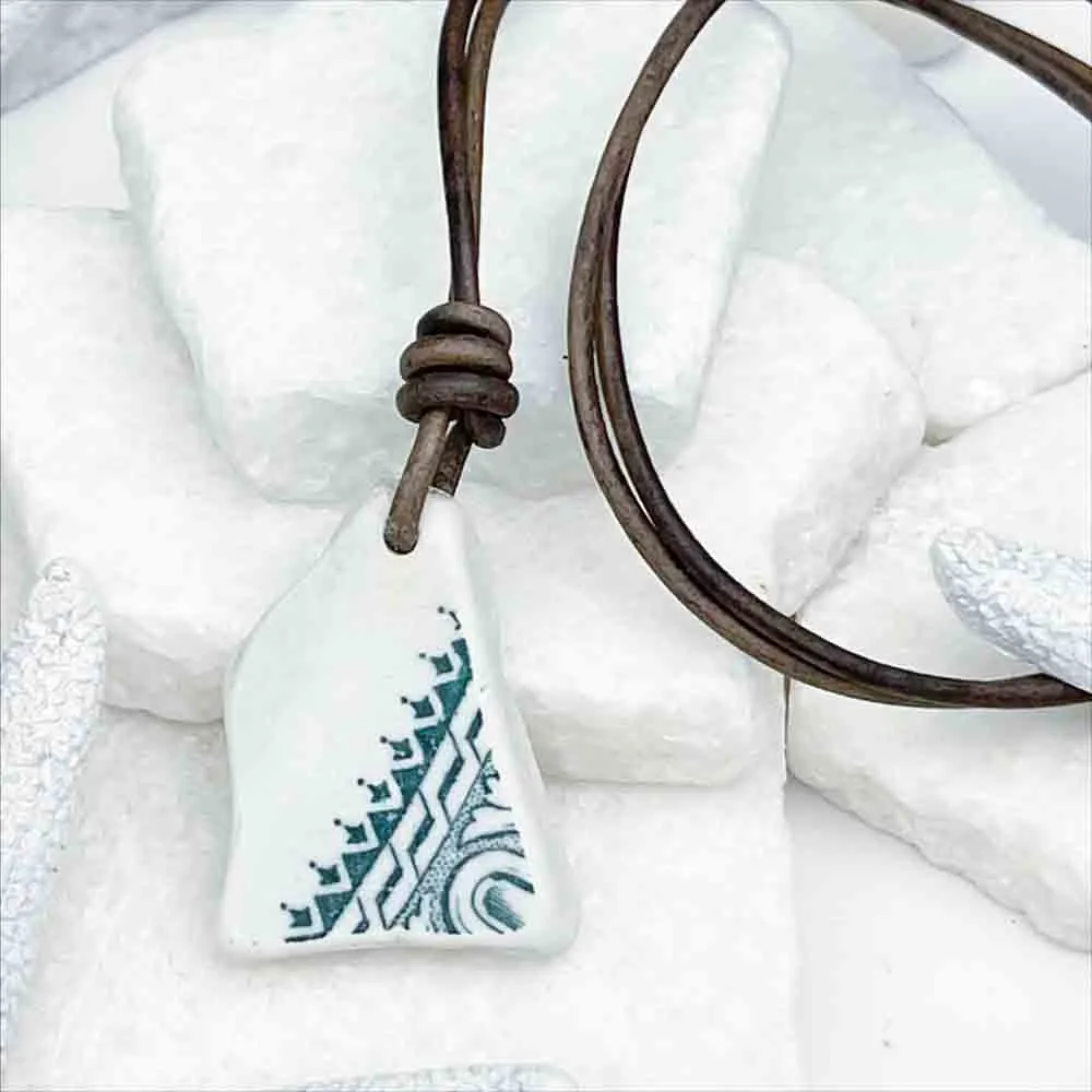 Lively Teal Geometric Sea Shard Pottery Leather Necklace | #5092