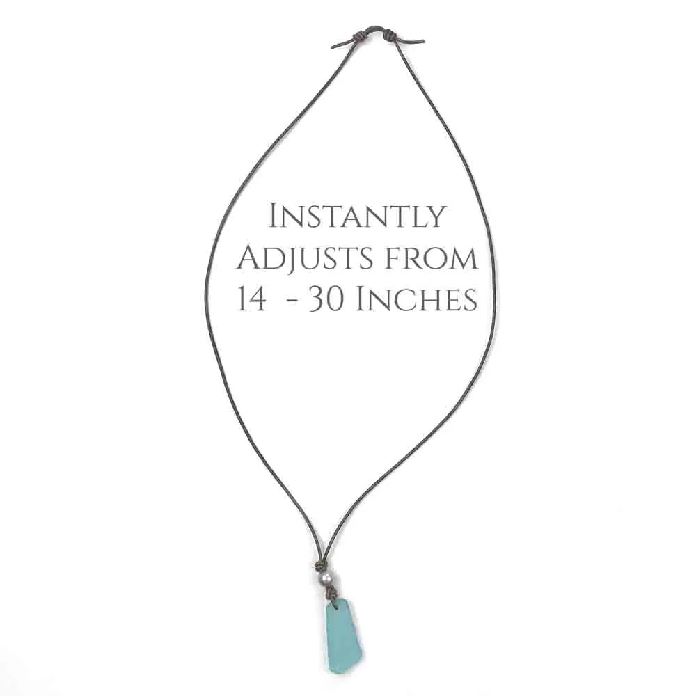 Lively Teal Geometric Sea Shard Pottery Leather Necklace | #5092