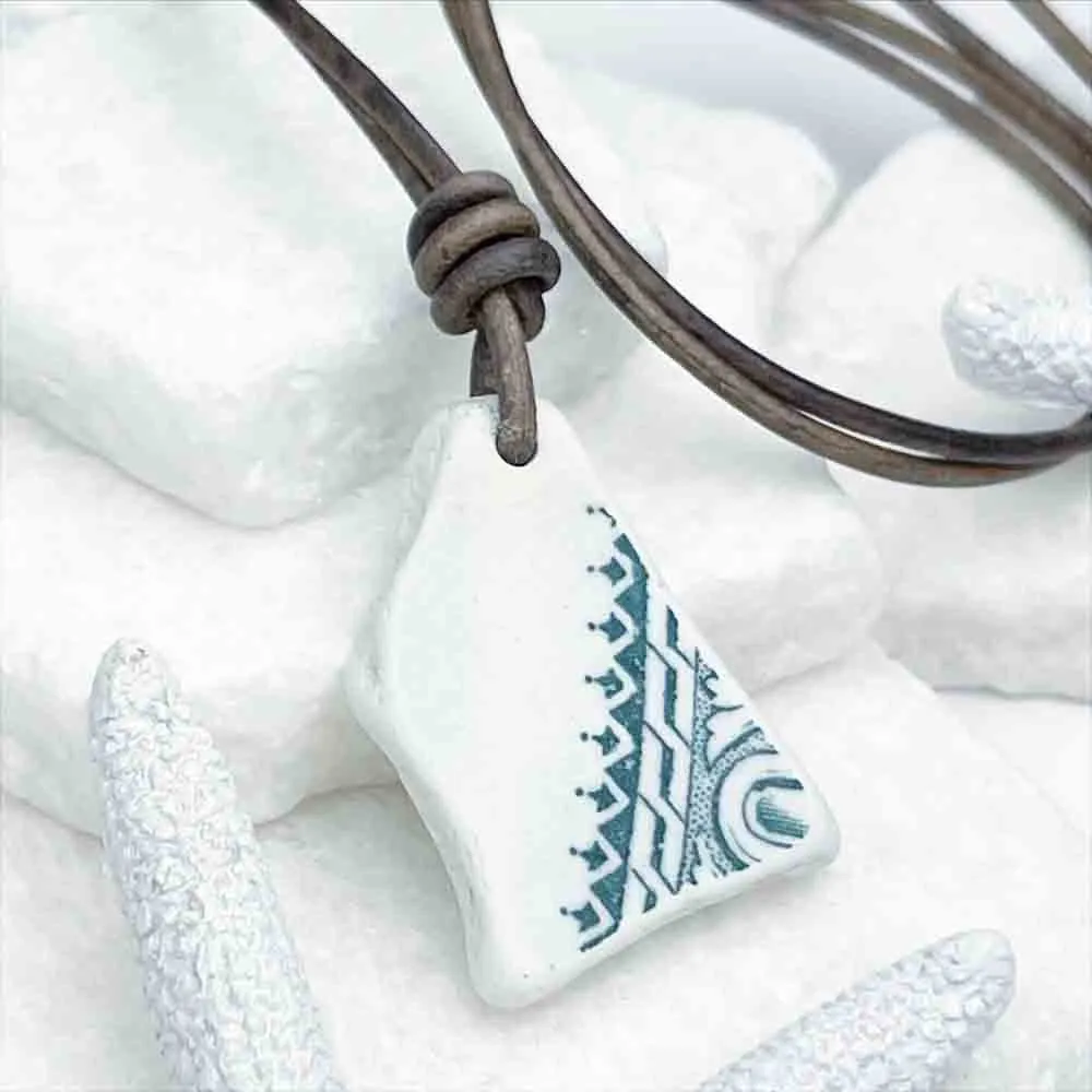 Lively Teal Geometric Sea Shard Pottery Leather Necklace | #5092