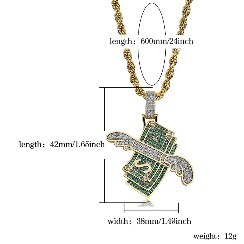 New Iced Out Flying Cash Solid Pendant Necklace Mens Personalized Hip Hop Gold Silver Color Charm Chains Jewelry Gifts