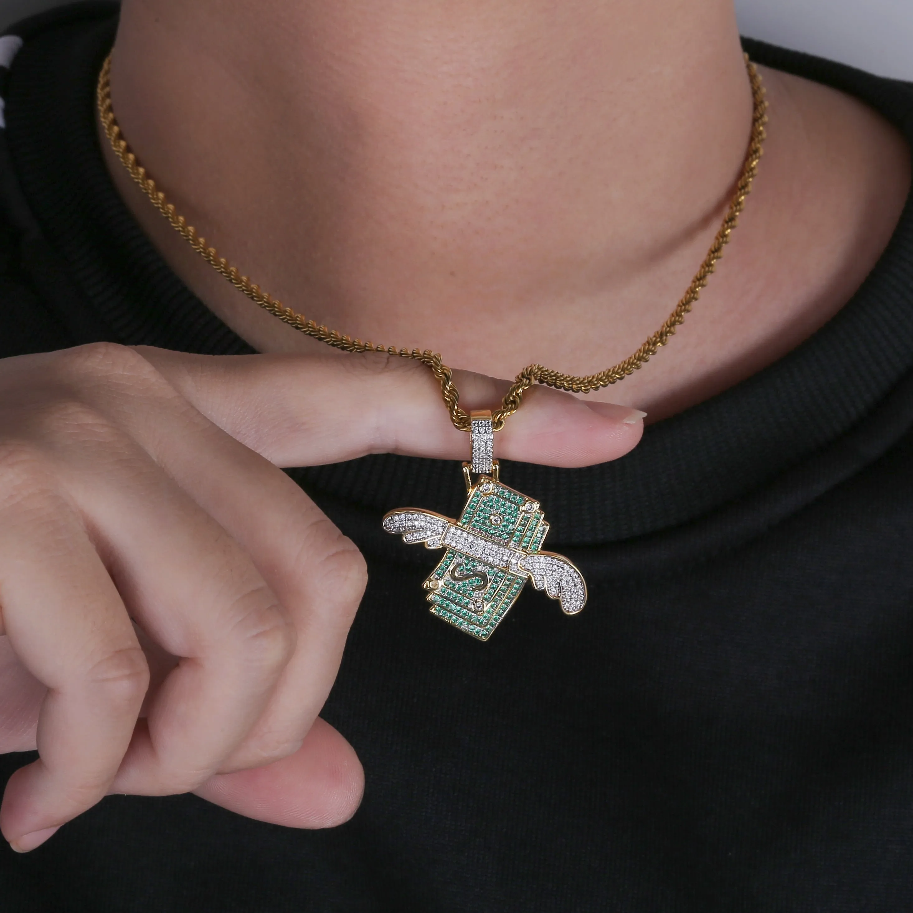 New Iced Out Flying Cash Solid Pendant Necklace Mens Personalized Hip Hop Gold Silver Color Charm Chains Jewelry Gifts