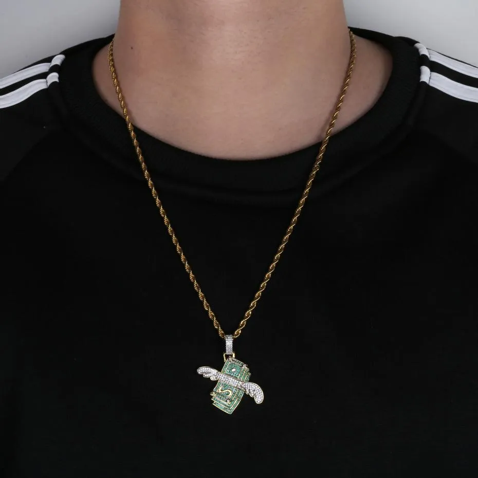 New Iced Out Flying Cash Solid Pendant Necklace Mens Personalized Hip Hop Gold Silver Color Charm Chains Jewelry Gifts