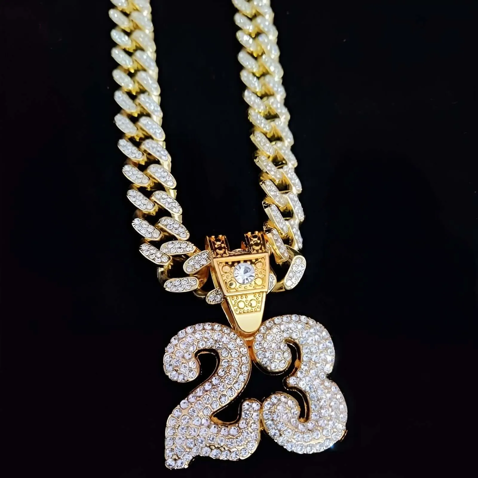 Number 23 Pendant Necklace With Crystal Cuban Chain