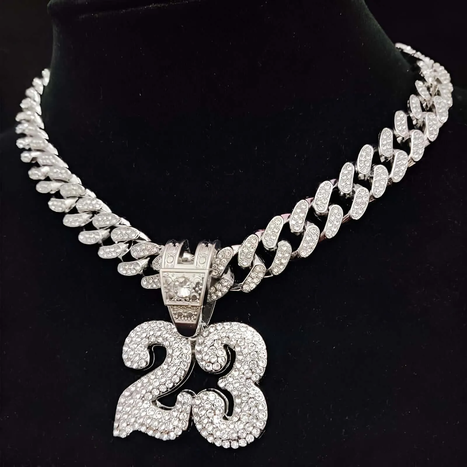 Number 23 Pendant Necklace With Crystal Cuban Chain