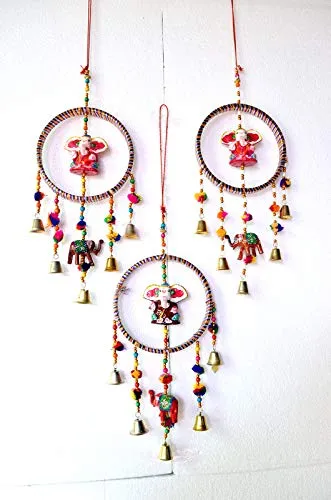 PALPAL Art Gallery Ganesha Ring JHUMER Combo Set of 3 Home Decoration for Hall balcaney Wall/Door/Window Hanging (45CM Multicolour)