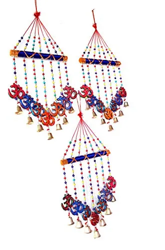 PALPAL Art Gallery Handcrafted GOD OM V Shape Combo Door Hanging Wood Windchime Set of 3(78 cm, Multicolor)