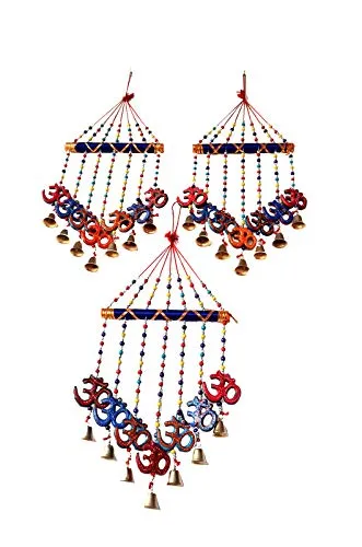 PALPAL Art Gallery Handcrafted GOD OM V Shape Combo Door Hanging Wood Windchime Set of 3(78 cm, Multicolor)