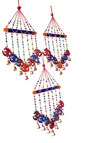 PALPAL Art Gallery Handcrafted GOD OM V Shape Combo Door Hanging Wood Windchime Set of 3(78 cm, Multicolor)