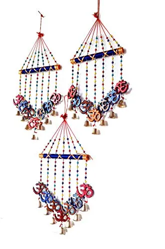 PALPAL Art Gallery Handcrafted GOD OM V Shape Combo Door Hanging Wood Windchime Set of 3(78 cm, Multicolor)