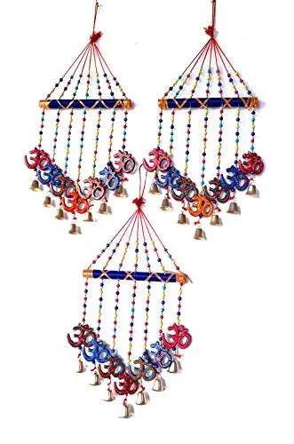 PALPAL Art Gallery Handcrafted GOD OM V Shape Combo Door Hanging Wood Windchime Set of 3(78 cm, Multicolor)