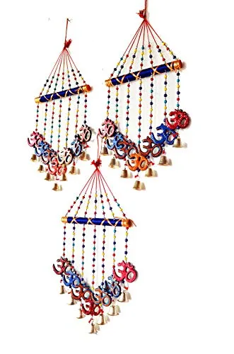 PALPAL Art Gallery Handcrafted GOD OM V Shape Combo Door Hanging Wood Windchime Set of 3(78 cm, Multicolor)
