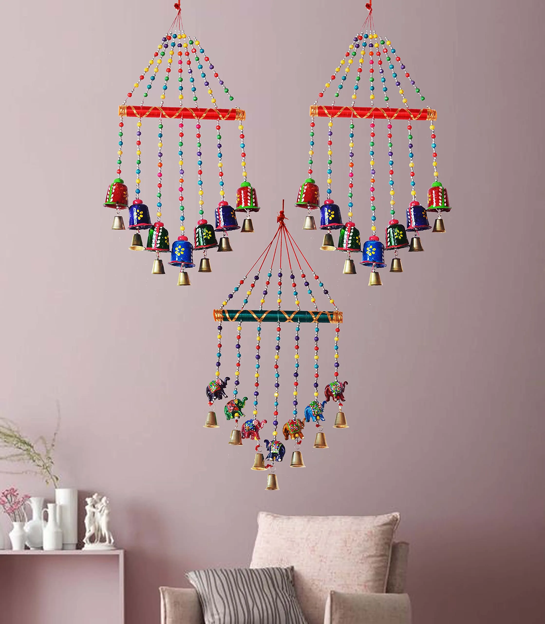 PALPAL Bell and Elephant Home Décor Wind Chime Set of 3 Wall Hangings