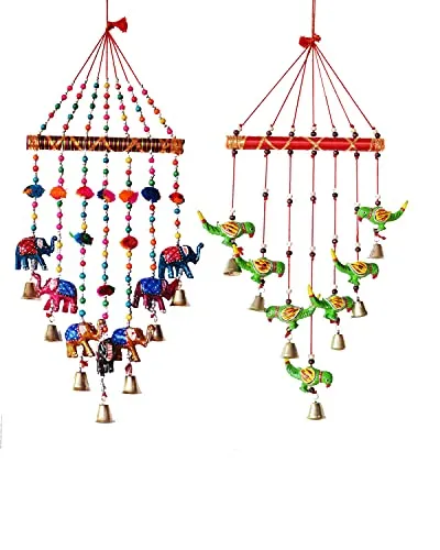 PALPAL Elephant and Green Parrot Wind Chimes for Balcony Home Décor Decoration Combo Set of 2 Wall Hanging