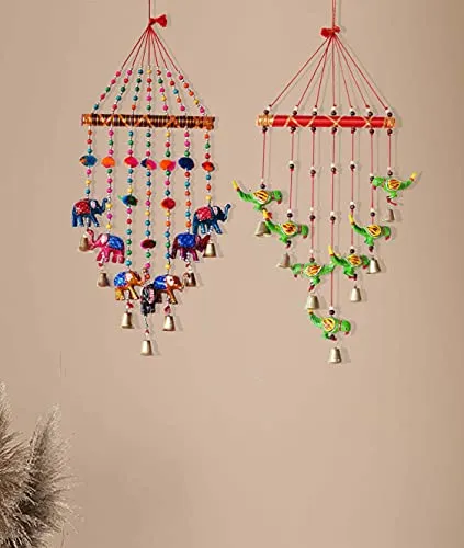 PALPAL Elephant and Green Parrot Wind Chimes for Balcony Home Décor Decoration Combo Set of 2 Wall Hanging