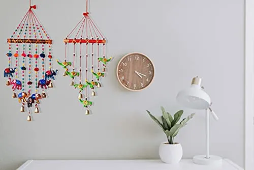 PALPAL Elephant and Green Parrot Wind Chimes for Balcony Home Décor Decoration Combo Set of 2 Wall Hanging