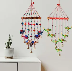 PALPAL Elephant and Green Parrot Wind Chimes for Balcony Home Décor Decoration Combo Set of 2 Wall Hanging