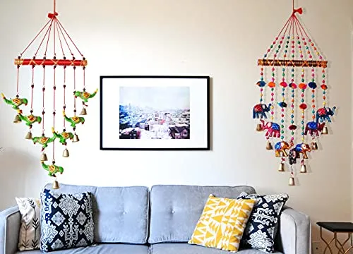PALPAL Elephant and Green Parrot Wind Chimes for Balcony Home Décor Decoration Combo Set of 2 Wall Hanging