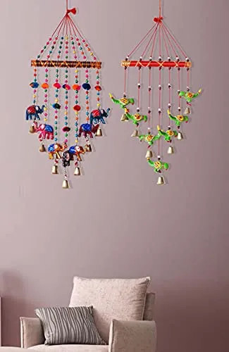 PALPAL Elephant and Green Parrot Wind Chimes for Balcony Home Décor Decoration Combo Set of 2 Wall Hanging