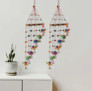 PALPAL Paper Mache Elephant Wind Chimes for Home Décor Decoration Door Hangings Wall Hangings Combo Set of 2 (75 cm Multicolor)