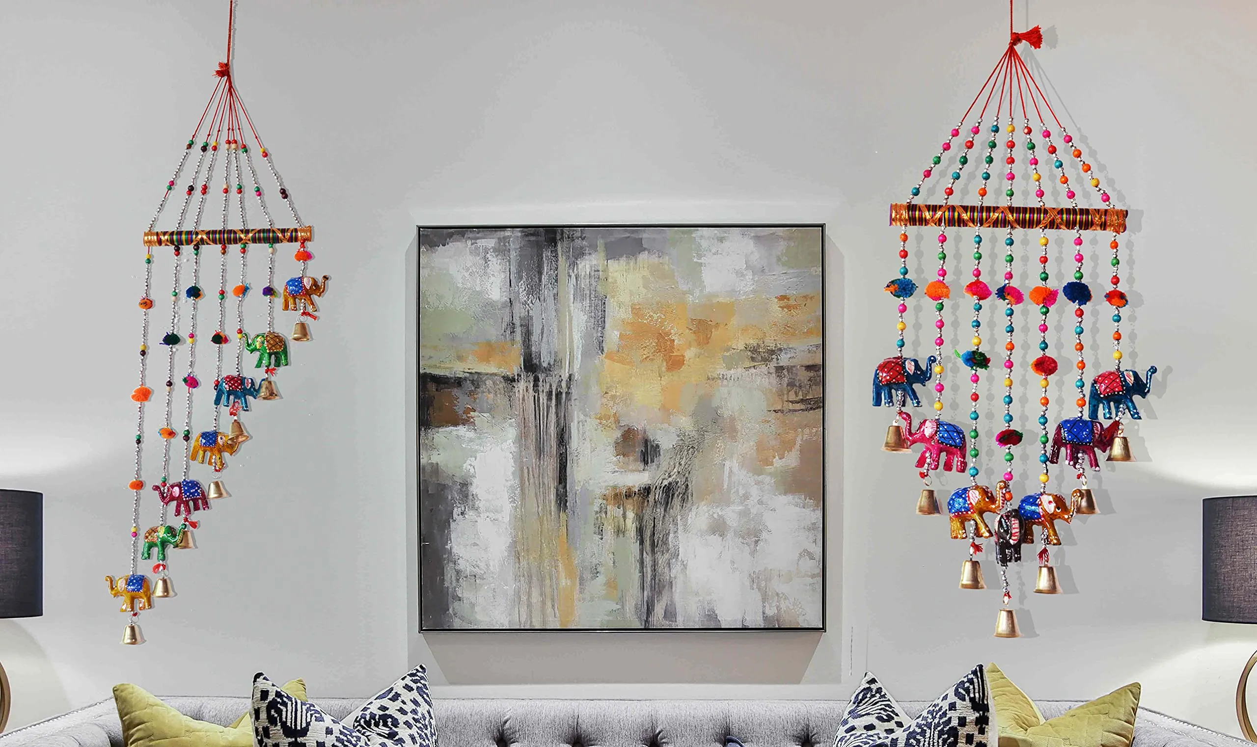 PALPAL Paper Mache Elephant Wind Chimes for Home Decor Decoration Door Hangings Combo Set of 2 (80CM 95 cm Multicolour)
