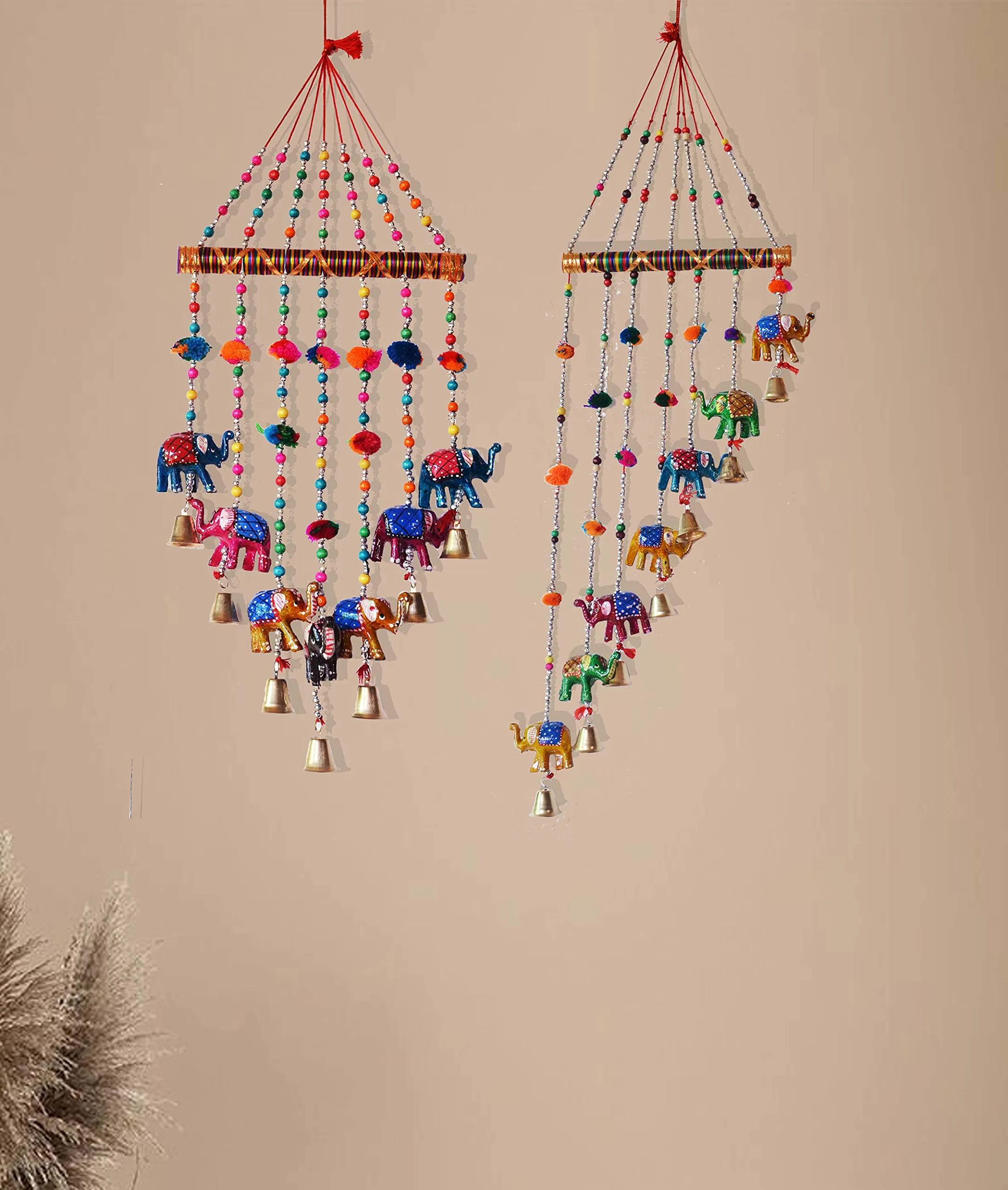 PALPAL Paper Mache Elephant Wind Chimes for Home Decor Decoration Door Hangings Combo Set of 2 (80CM 95 cm Multicolour)