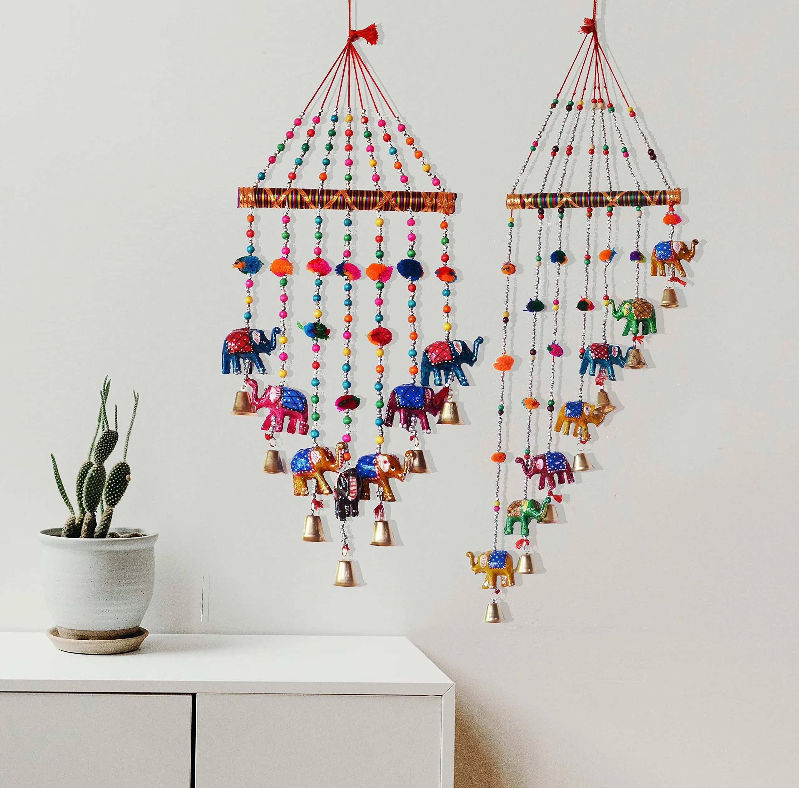 PALPAL Paper Mache Elephant Wind Chimes for Home Decor Decoration Door Hangings Combo Set of 2 (80CM 95 cm Multicolour)