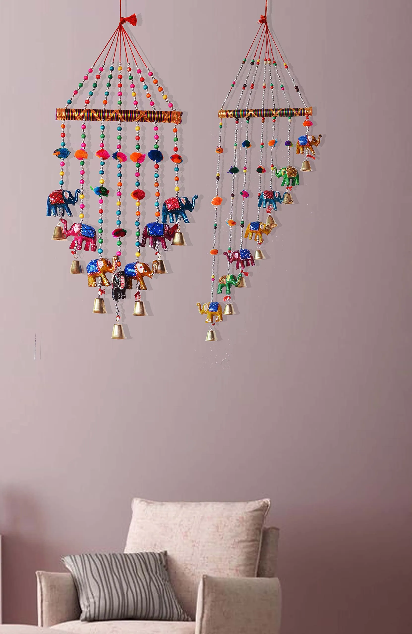 PALPAL Paper Mache Elephant Wind Chimes for Home Decor Decoration Door Hangings Combo Set of 2 (80CM 95 cm Multicolour)