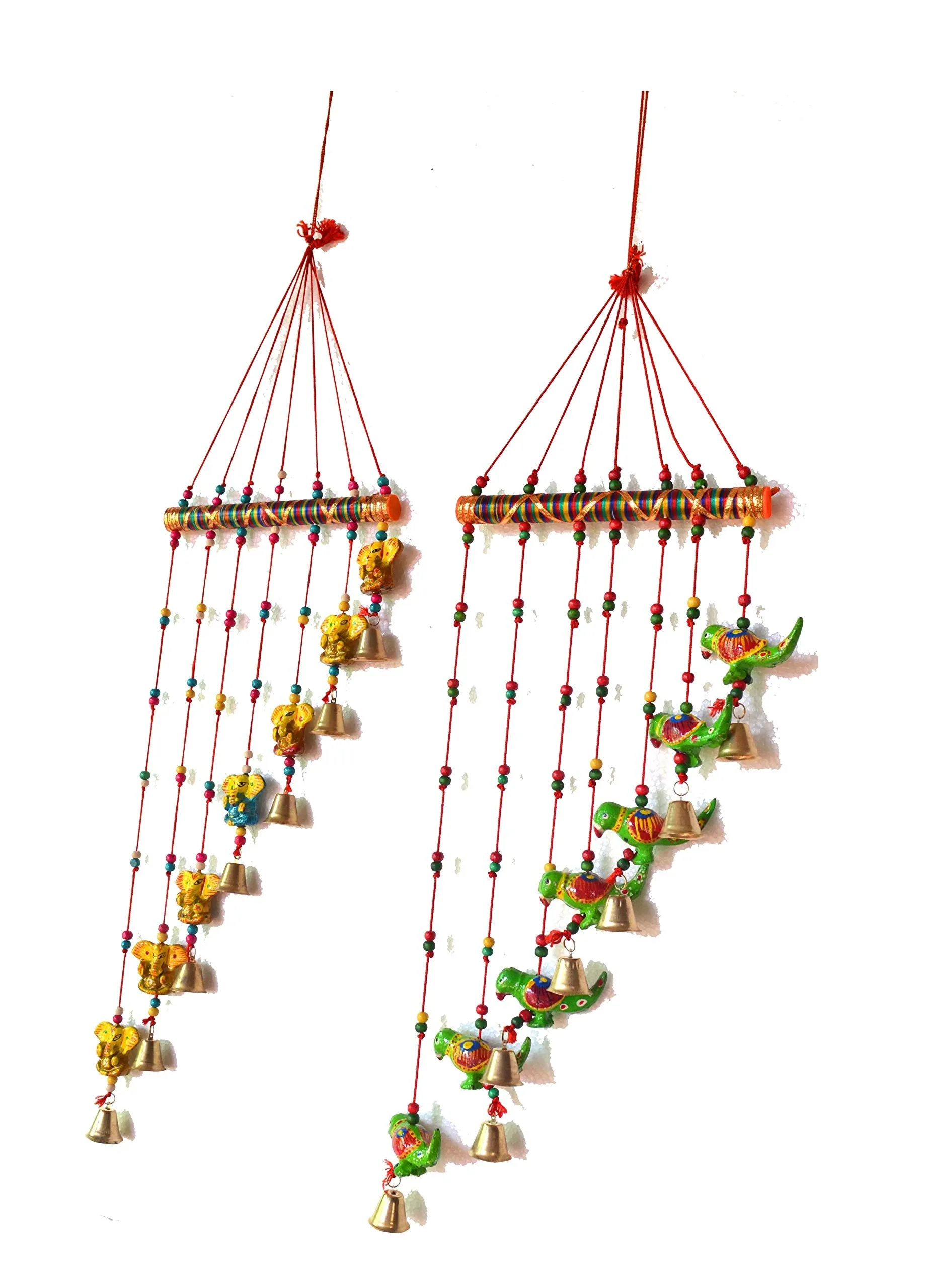 PALPAL Paper Mache Ganesha & Parrot Wind Chimes for Home Decor Decoration Door Hangings Wall Hanging Combo Set of 2 (60 cm Multicolour)