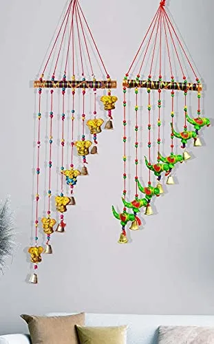 PALPAL Paper Mache Ganesha & Parrot Wind Chimes for Home Decor Decoration Door Hangings Wall Hanging Combo Set of 2 (60 cm Multicolour)