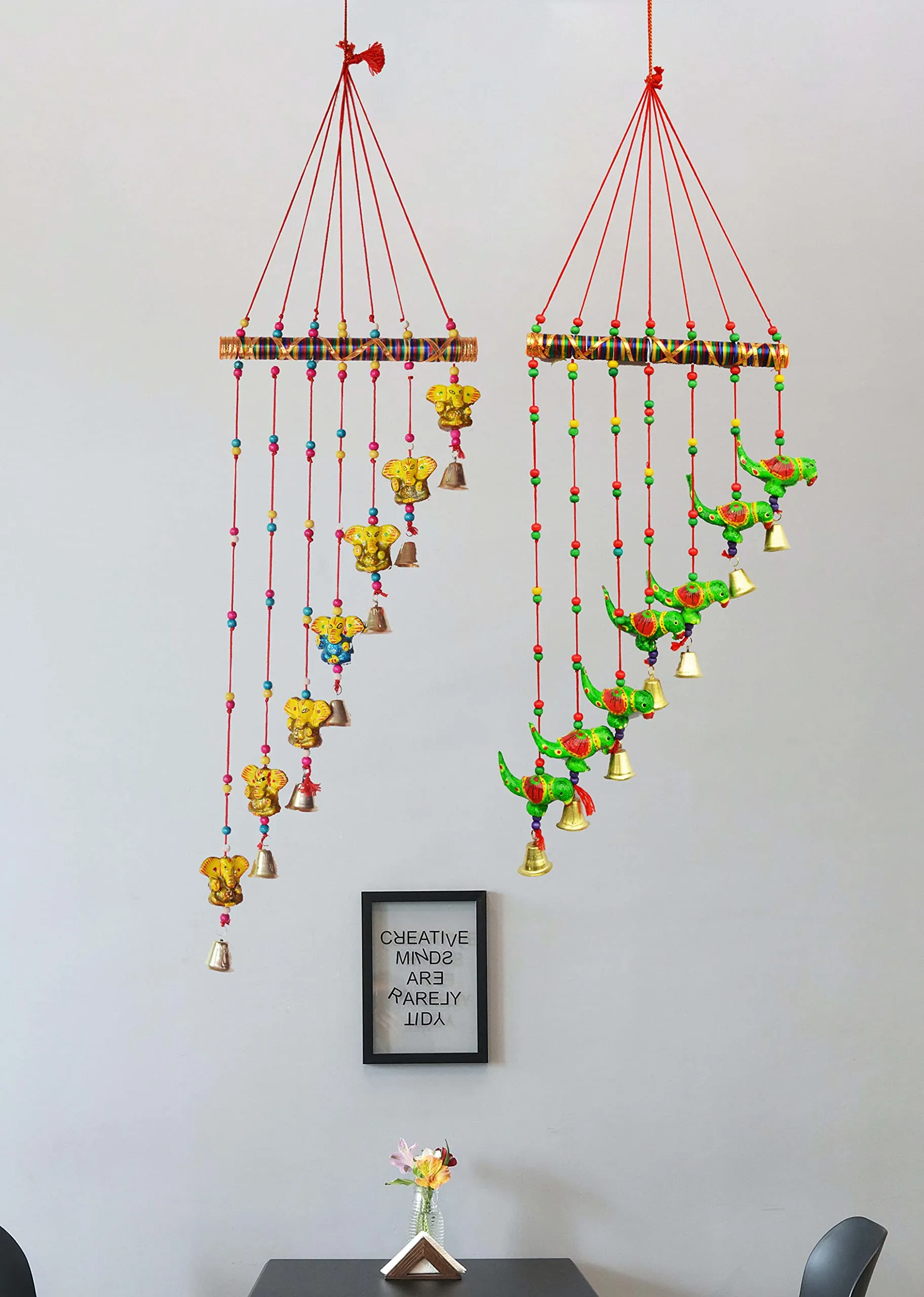 PALPAL Paper Mache Ganesha & Parrot Wind Chimes for Home Decor Decoration Door Hangings Wall Hanging Combo Set of 2 (60 cm Multicolour)