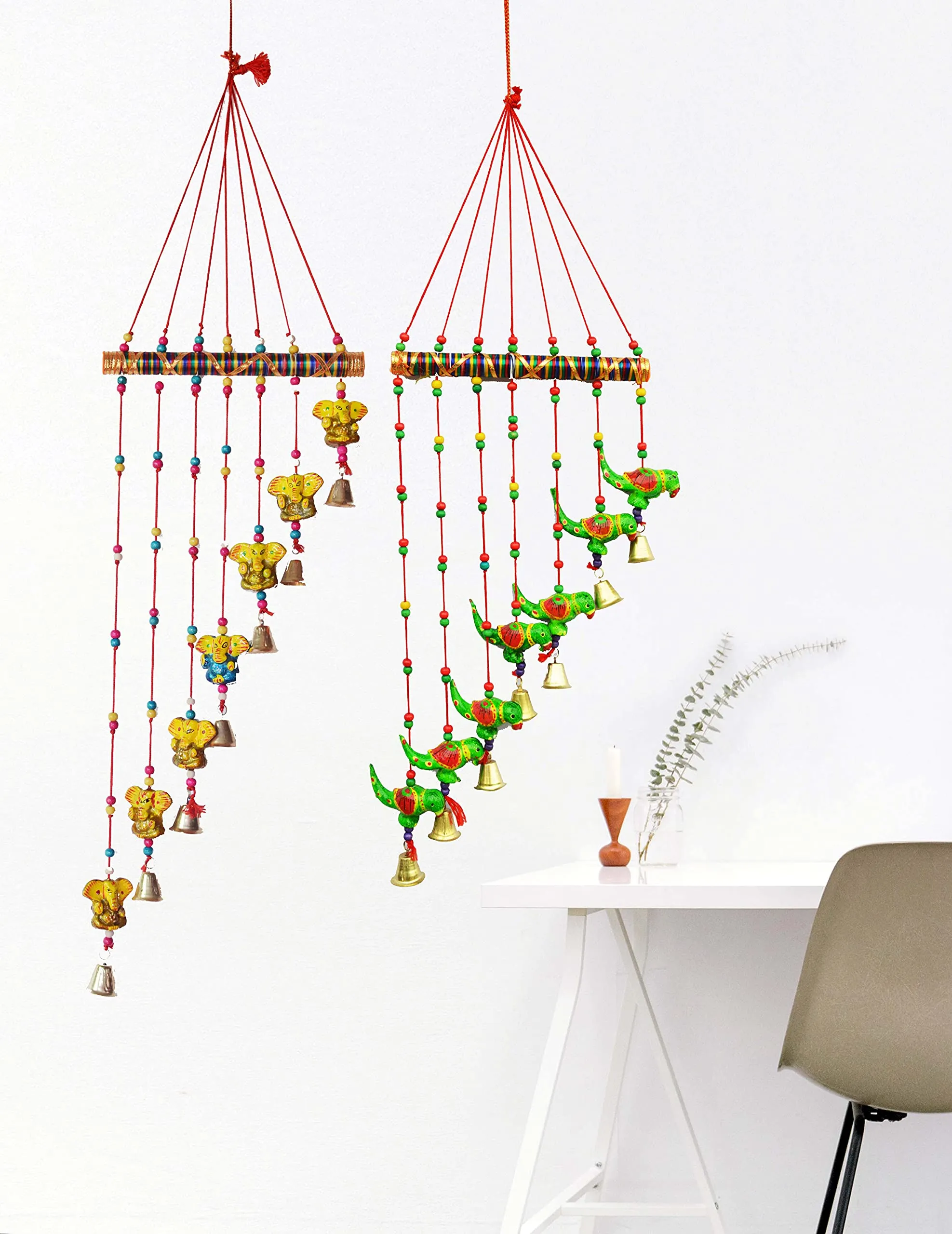PALPAL Paper Mache Ganesha & Parrot Wind Chimes for Home Decor Decoration Door Hangings Wall Hanging Combo Set of 2 (60 cm Multicolour)