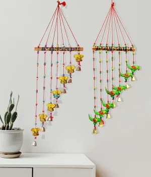 PALPAL Paper Mache Ganesha & Parrot Wind Chimes for Home Decor Decoration Door Hangings Wall Hanging Combo Set of 2 (60 cm Multicolour)