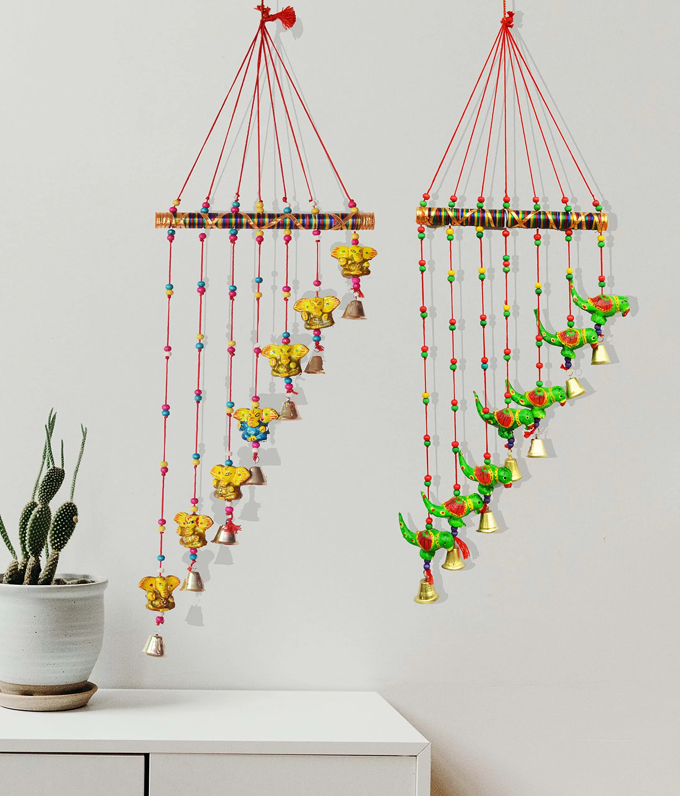 PALPAL Paper Mache Ganesha & Parrot Wind Chimes for Home Decor Decoration Door Hangings Wall Hanging Combo Set of 2 (60 cm Multicolour)