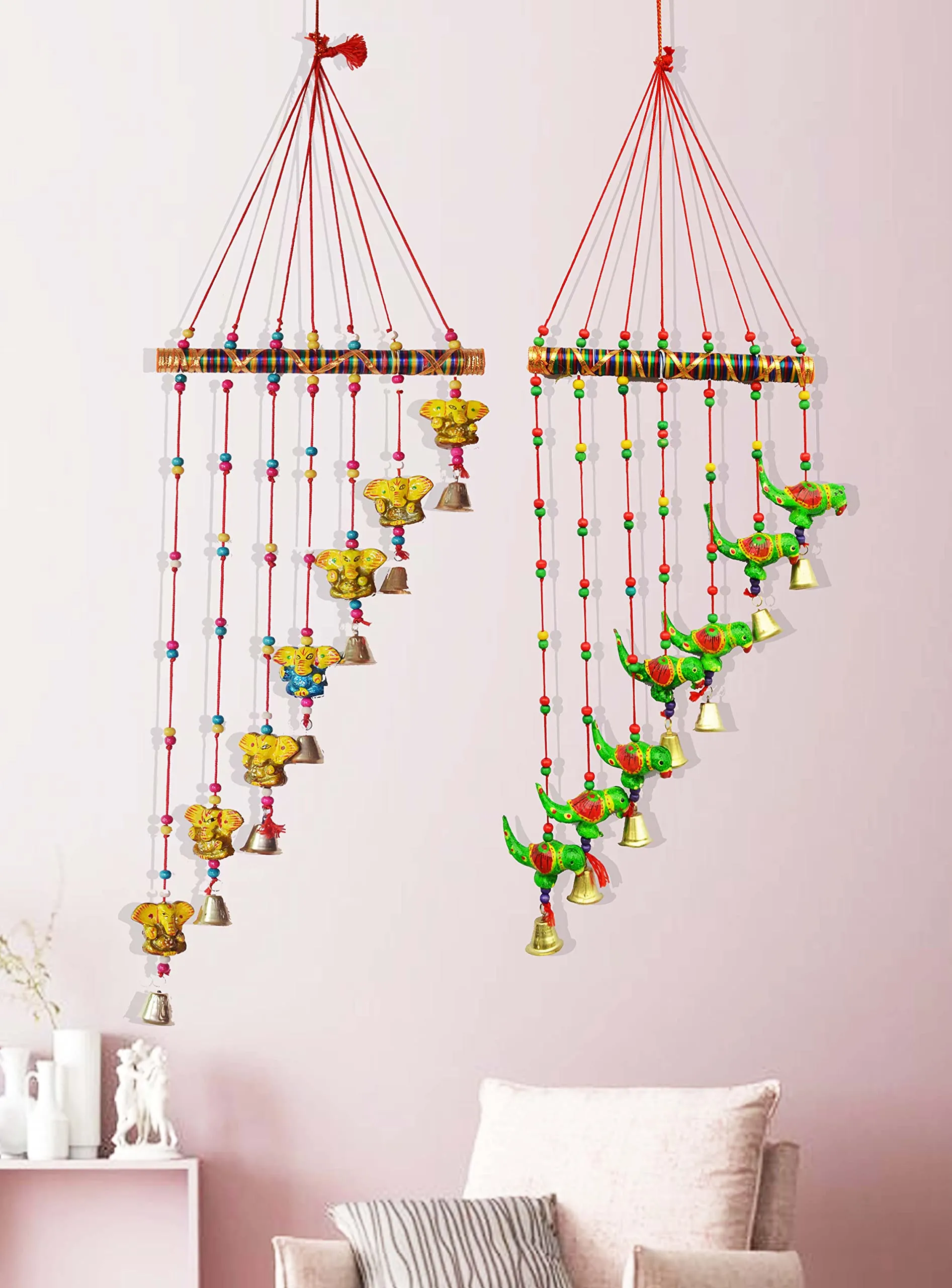 PALPAL Paper Mache Ganesha & Parrot Wind Chimes for Home Decor Decoration Door Hangings Wall Hanging Combo Set of 2 (60 cm Multicolour)