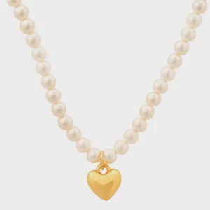 Pearl Strand Necklace W/ Gold Vermeil Puffed Heart