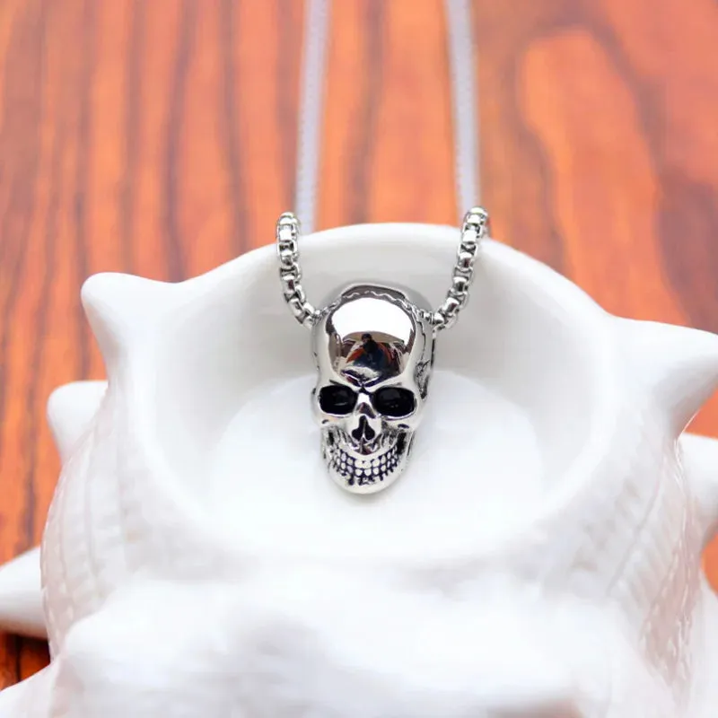 Punk Stainless Steel Three-dimensional Skull Pendant Necklace Men Hip Hop Rock Personality Long Men's Necklace Halloween Jewelry
