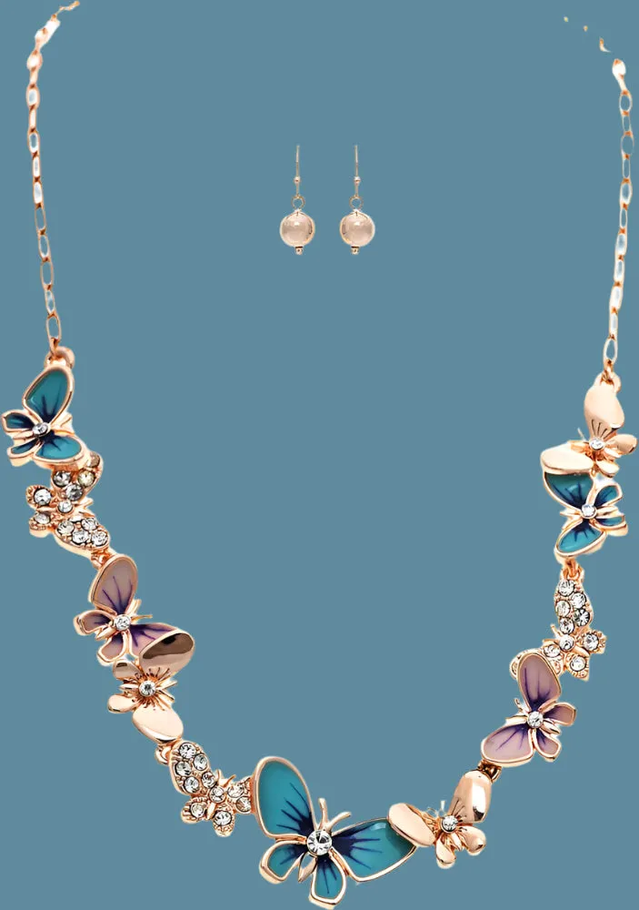 Rain Jewelry Rose Gold And Crystal Blue Butterfly Necklace Set