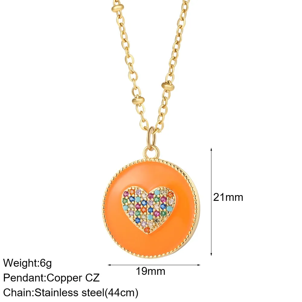 Rainbow Heart Pendant Necklace for Women Romantic Woman&#39;s Gold Color Chain Stainless Steel Choker Necklace Trendy Enamel Jewelry