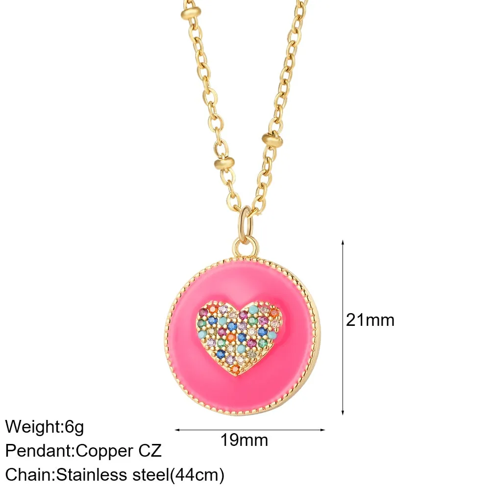 Rainbow Heart Pendant Necklace for Women Romantic Woman&#39;s Gold Color Chain Stainless Steel Choker Necklace Trendy Enamel Jewelry