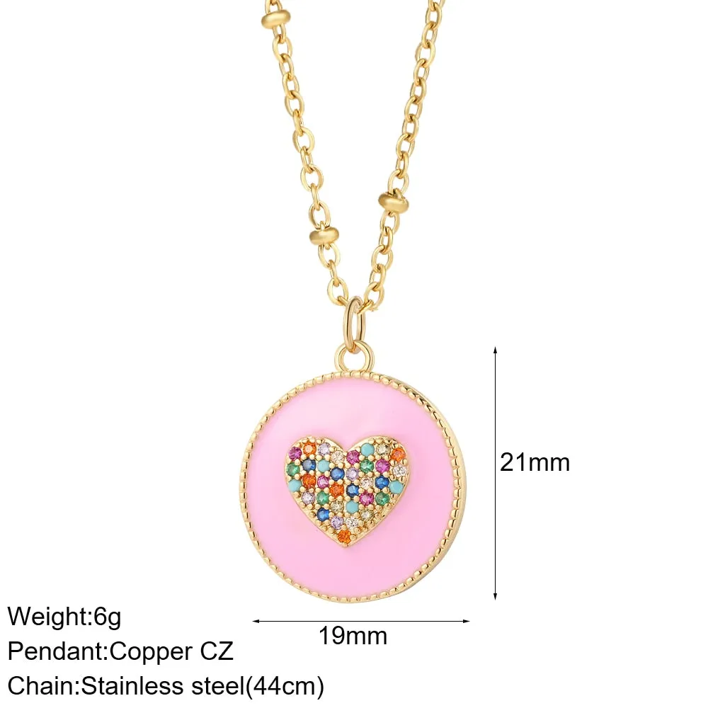 Rainbow Heart Pendant Necklace for Women Romantic Woman&#39;s Gold Color Chain Stainless Steel Choker Necklace Trendy Enamel Jewelry