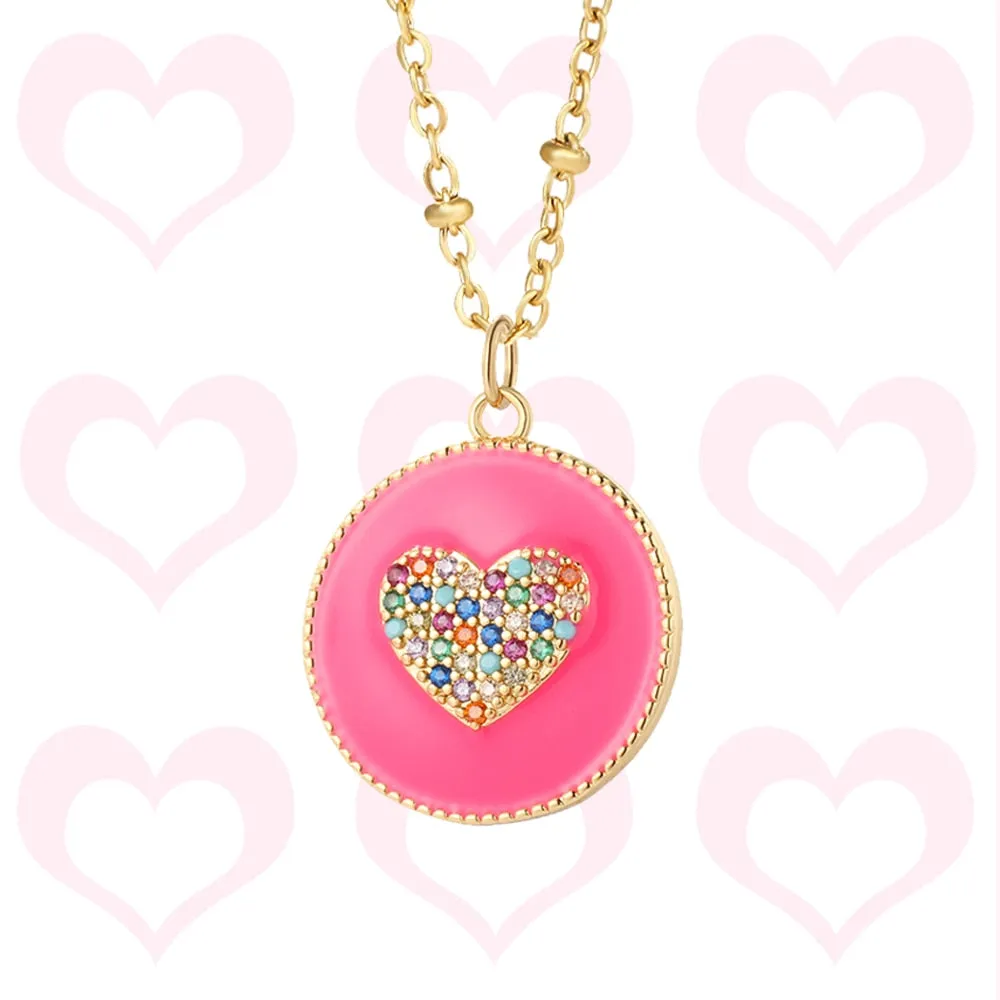 Rainbow Heart Pendant Necklace for Women Romantic Woman&#39;s Gold Color Chain Stainless Steel Choker Necklace Trendy Enamel Jewelry