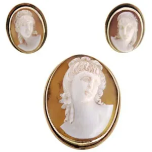 Rare Antique 19th Century Victorian Sardonyx  Cameo Brooch & Earrings 14K Gold