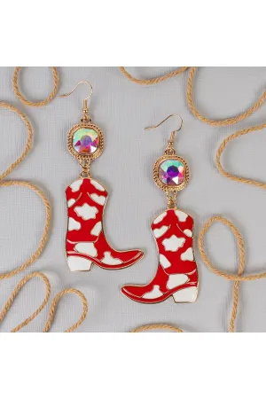 Red And White Cowboy Boot Drop Earrings With AB Crystal Connector