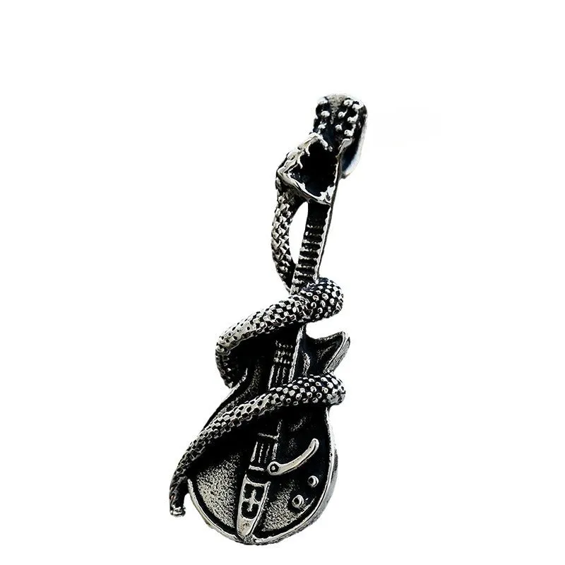 Retro European-American Stainless Steel Coiled Snake Guitar Pendant for Men - Hot Sale Titanium Steel Accessory