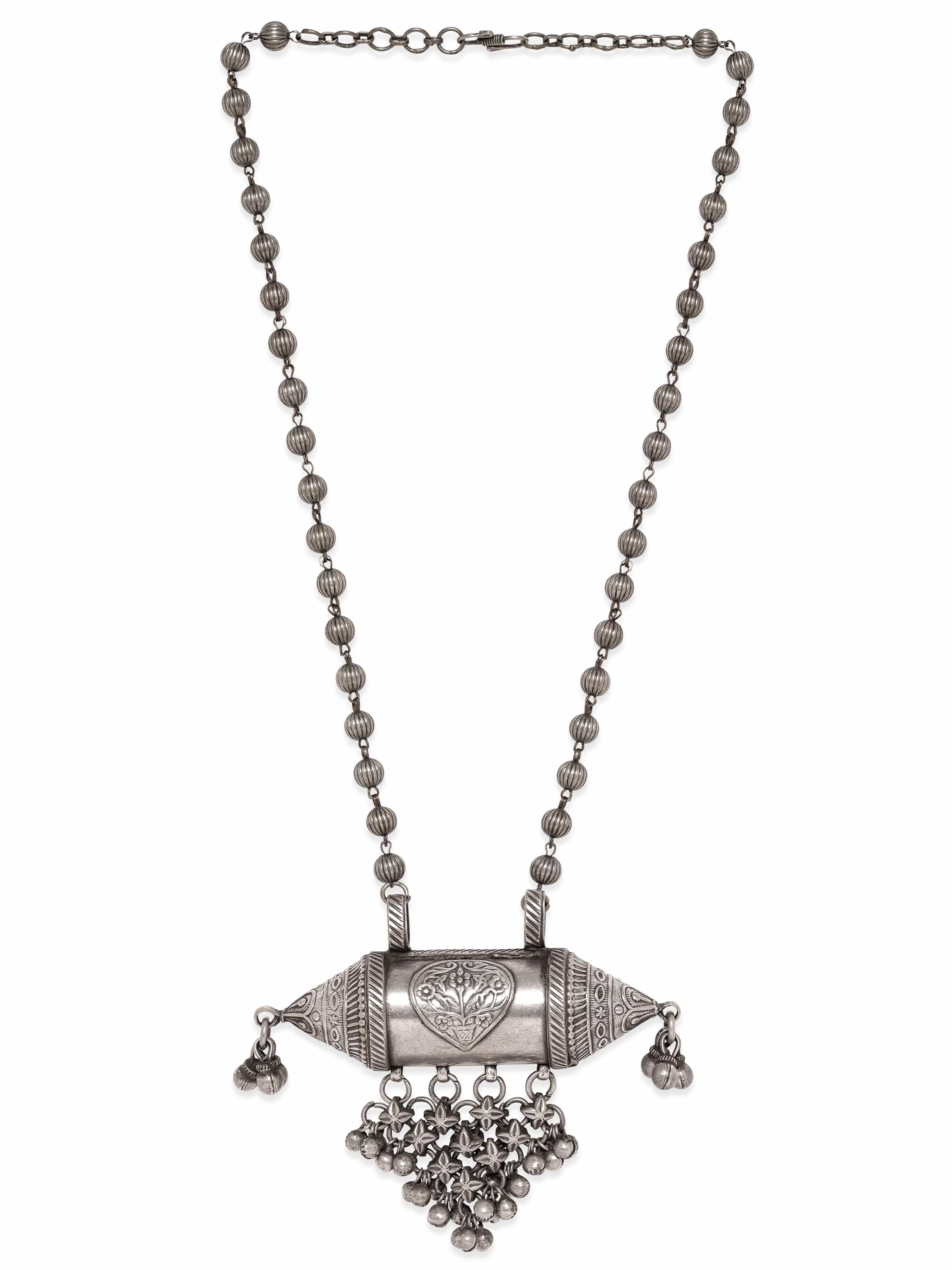 Rubans Bohemian Blossoms Oxidized Silver Plated Floral Necklace with Ghungroo Hangings