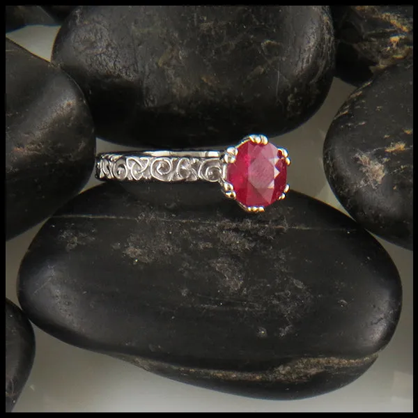 Ruby Solitaire on a Trinity Scroll Band in 14K White Gold