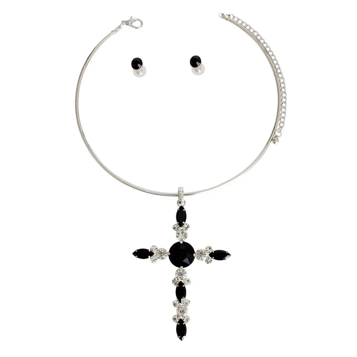 Shop the Chic Black Cross Jewelry Set: Choker Necklace and; Stud Earrings