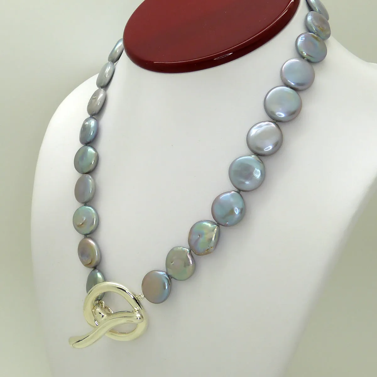 Simon Sebbag Sterling Silver Gray Pearl Coin Toggle Clasp Necklace 18 inches NP44GPC